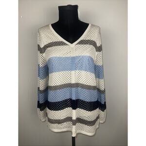 Croft And Barrel XL Crochet top layer Sweater Cream Blue Boho V Neck Pullover